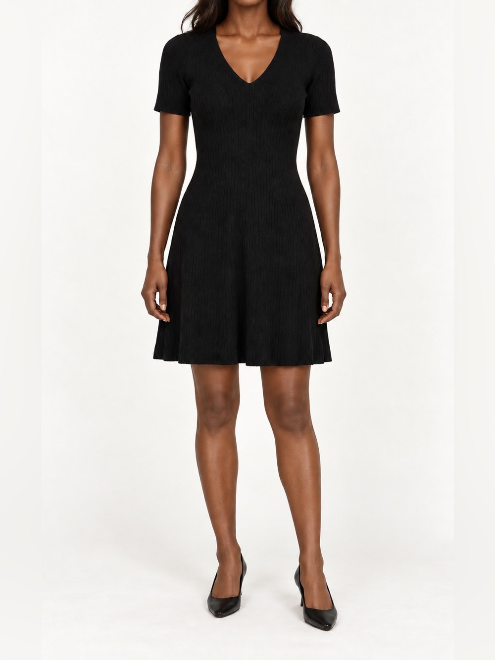 Theory Prosecco Black Ribbed V-Neck Knit Flare Mini Dress Size S